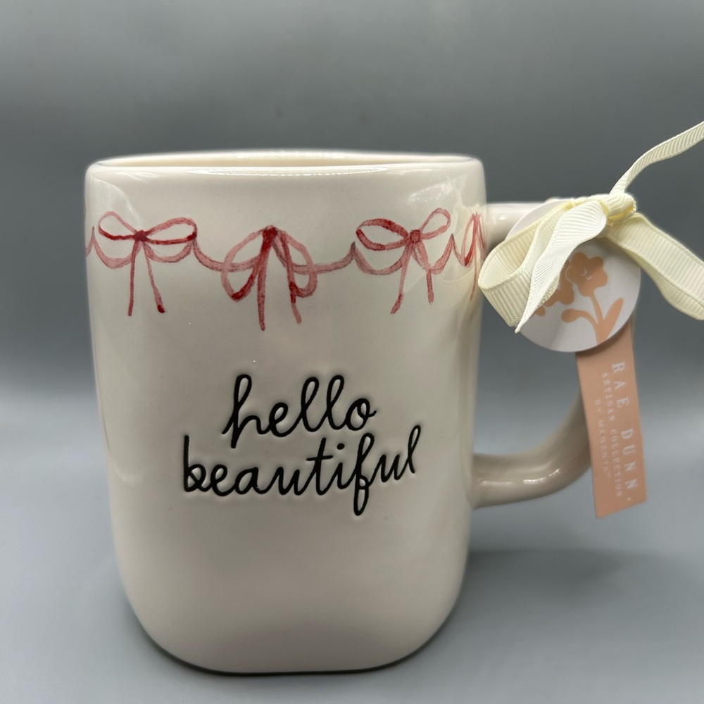 Rae Dunn HELLO BEAUTIFUL Pink Bow Shabby Chic Style Mug Coquette Farmhouse NEW